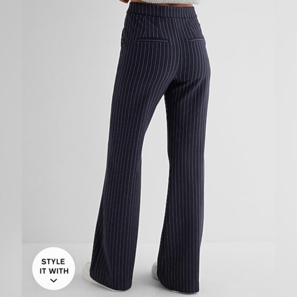 NWOT Express Navy Pinstripe Editor High Waisted Flare Trousers Pants 14L - Picture 5 of 8
